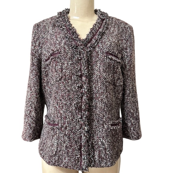 Talbots Petites 16P Burgundy Tweed Fringe Trim 3/4 Sleeve Blazer Jacket - Picture 1 of 11